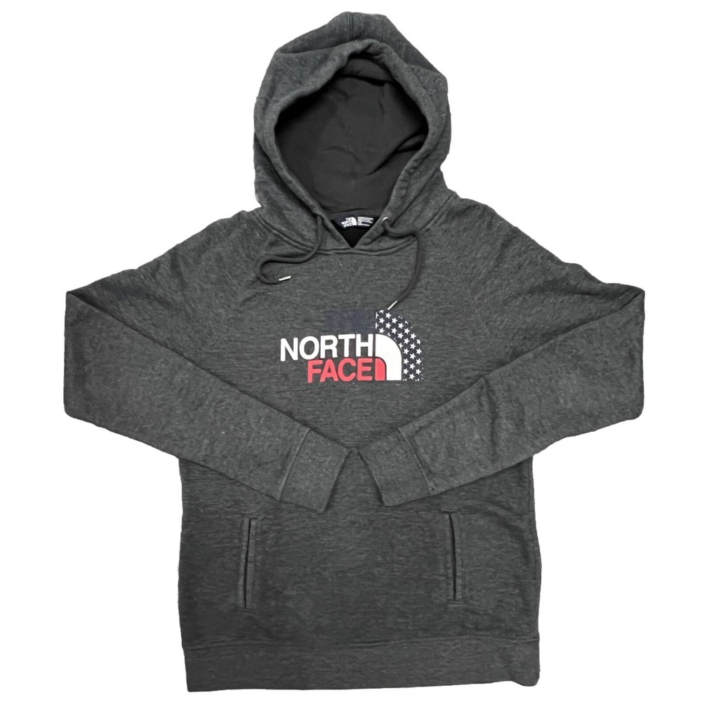 North Face Sweater Women’s Heather Grey Hoodie Pockets America USA Flag | Large